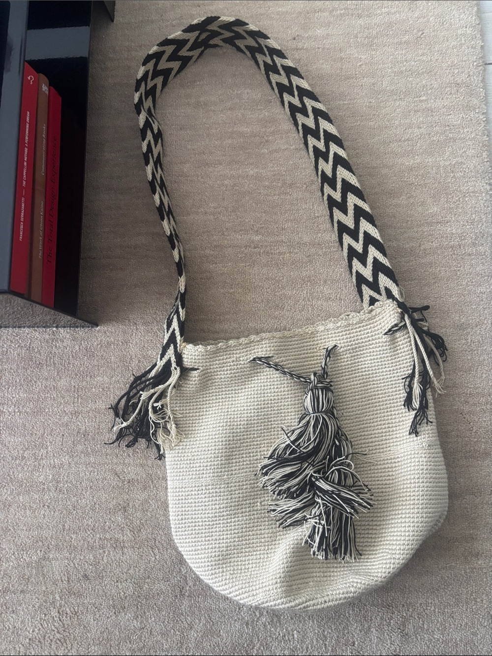 Woven Tassel Crossbody Bag - Cream & Black. Never used